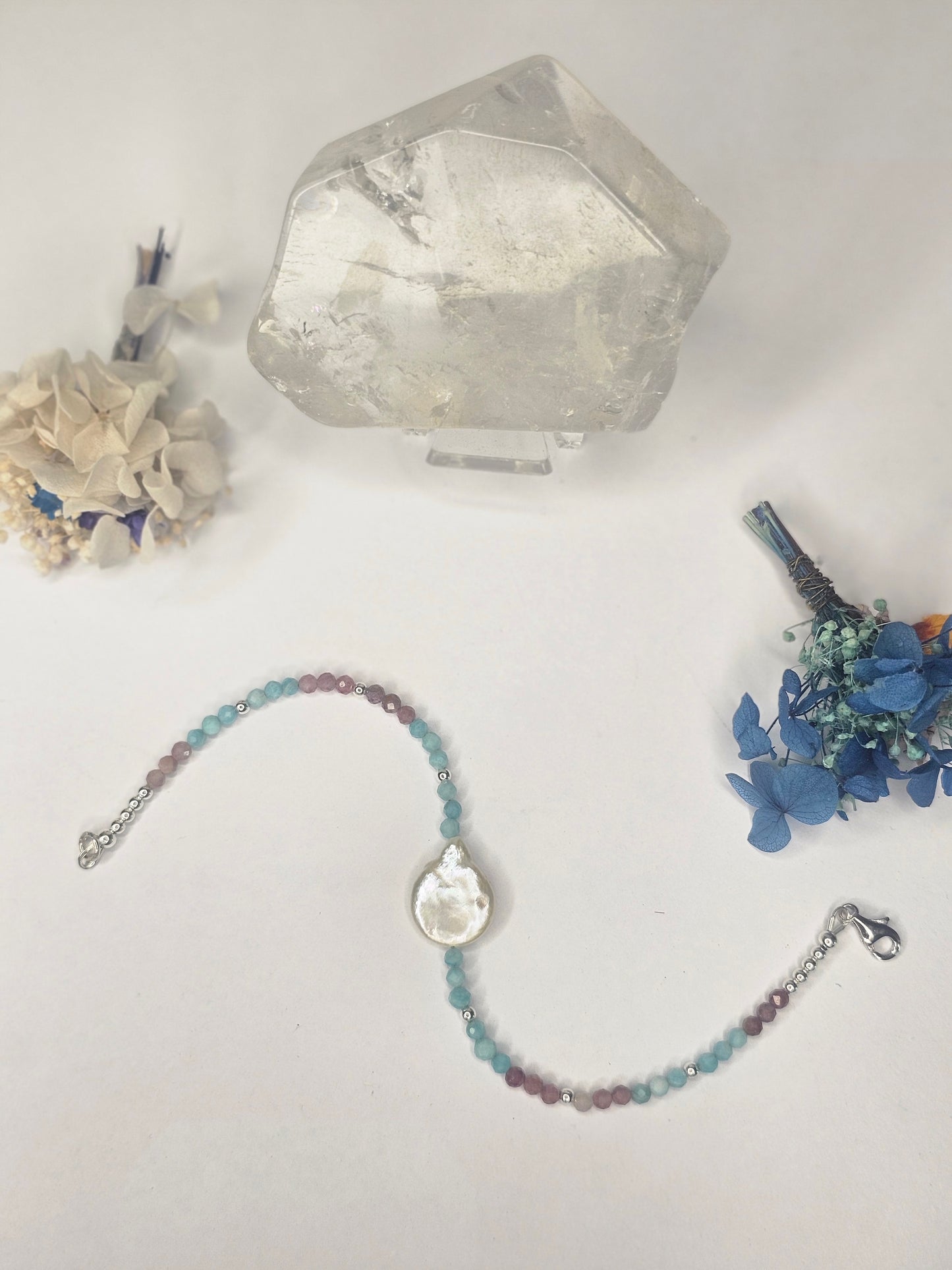 Amazonite, Pink Tourmaline with Freshwater Pearl Bracelet