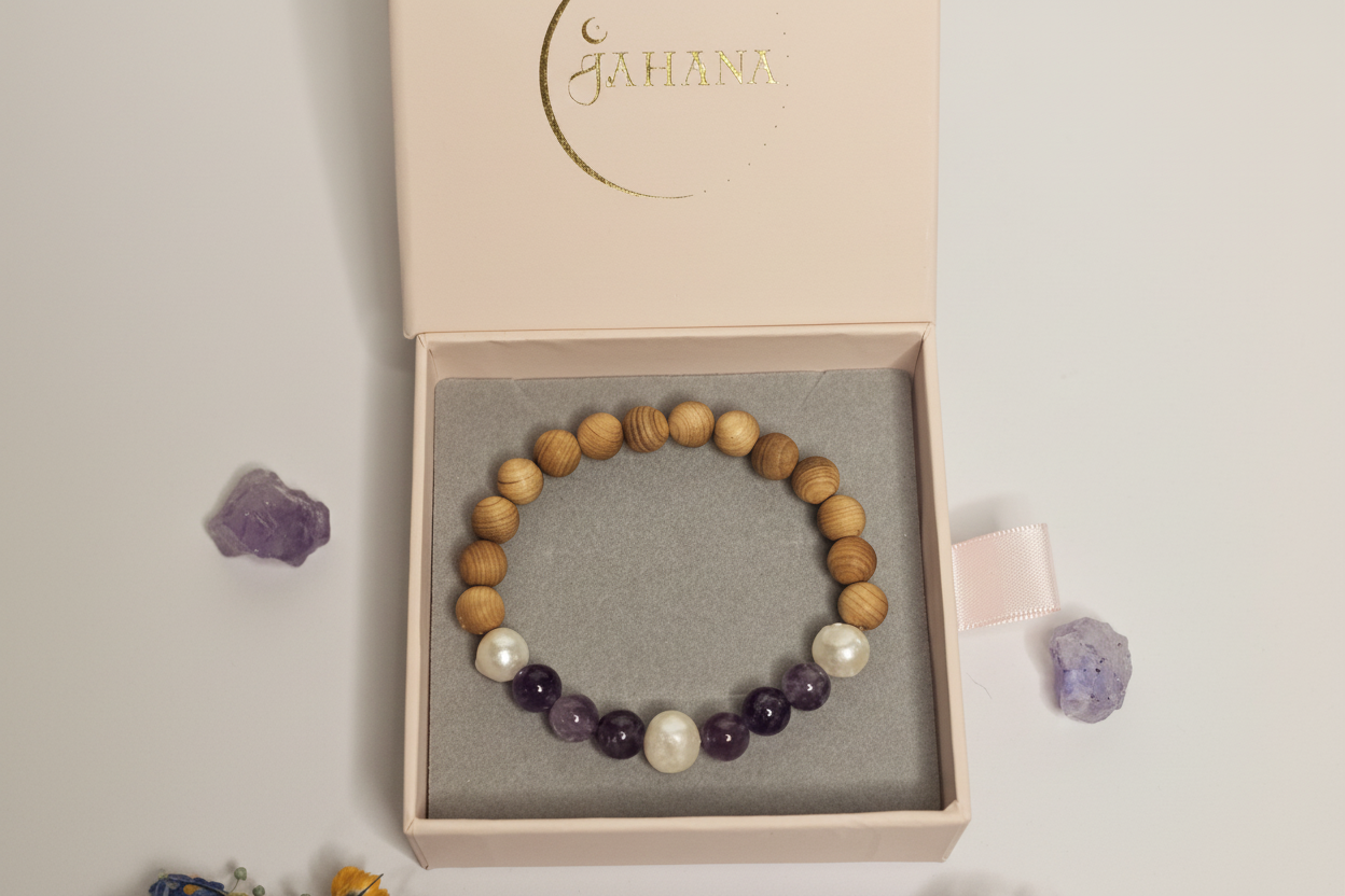 Chevron Amethyst Pearl and Sandalwood bracelet