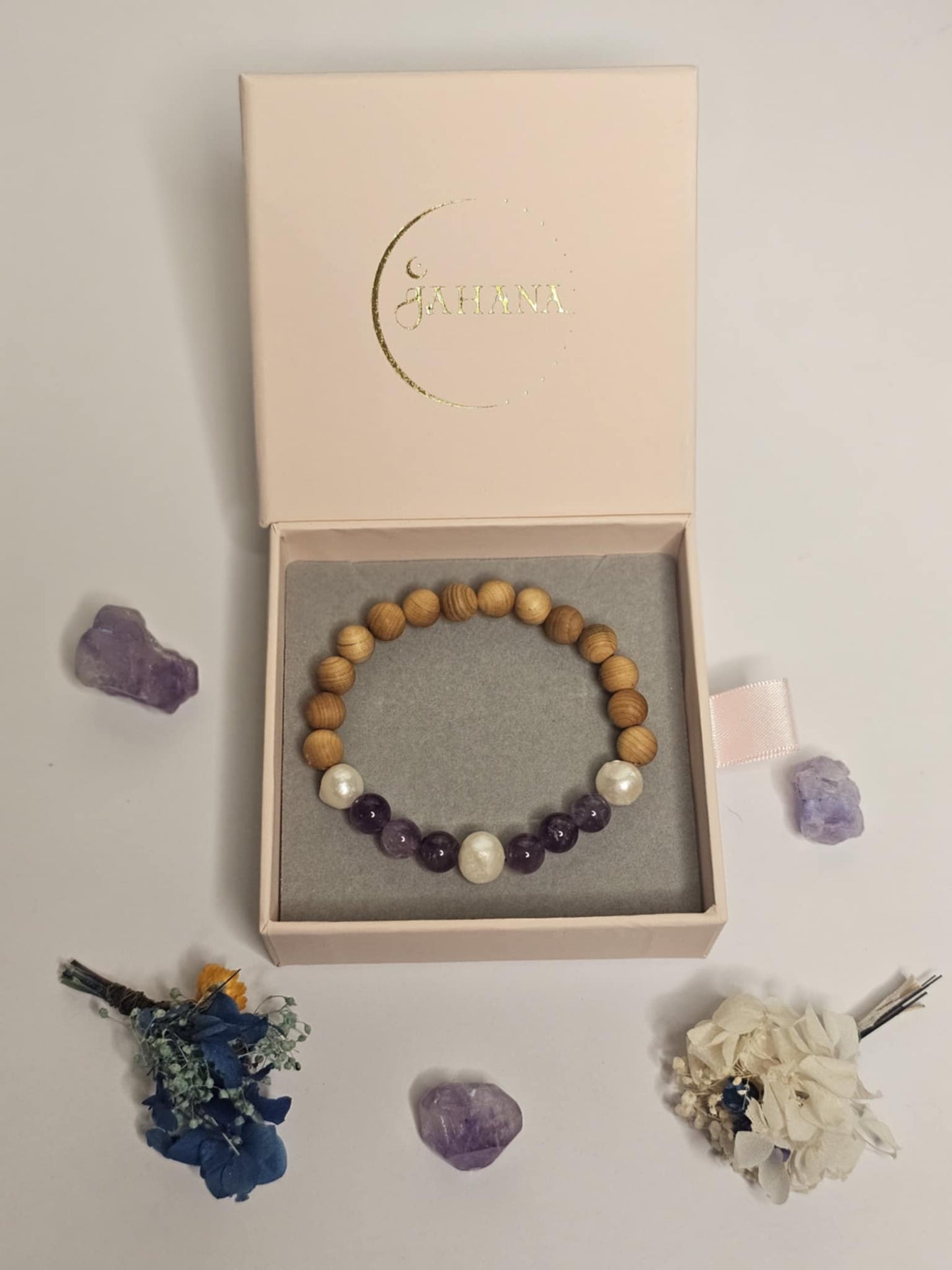 Chevron Amethyst Pearl and Sandalwood bracelet