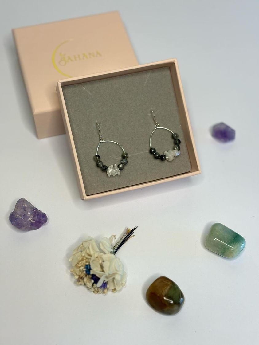 Norwegian Labradorite beads and Rainbow Moonstone chip Hoop Earring