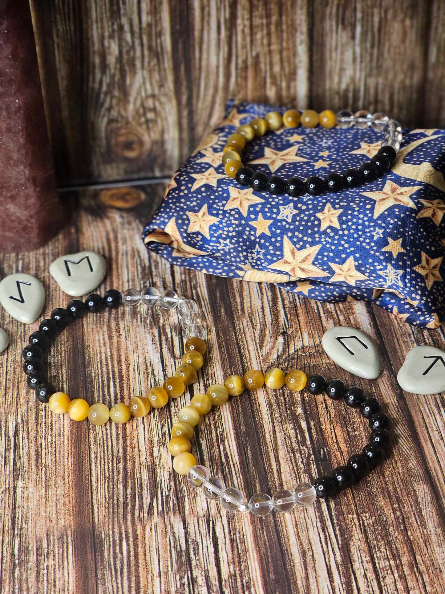 Tiger Eye, Black Tourmaline, & Clear Quartz Bracelet