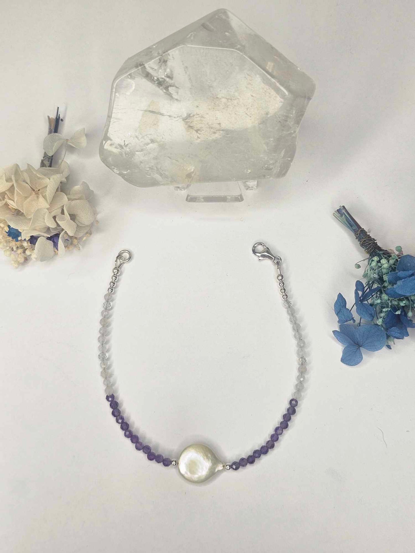Clear Quartz, Amethyst with Freshwater Pearl Bracelet