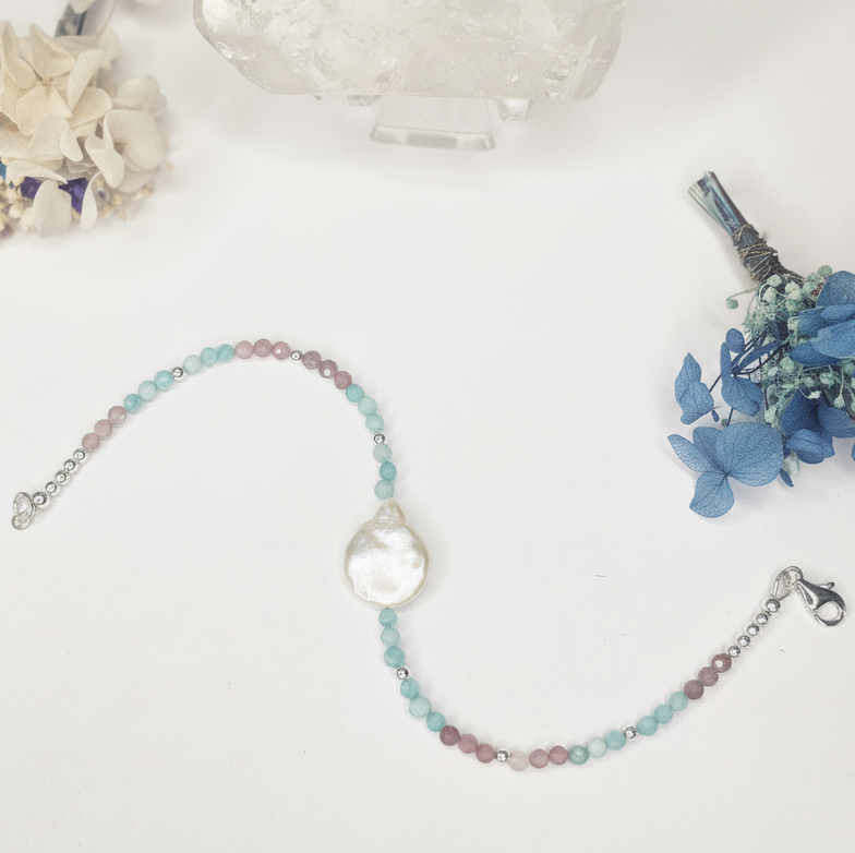 Amazonite, Pink Tourmaline & Freshwater Pearl Bracelet