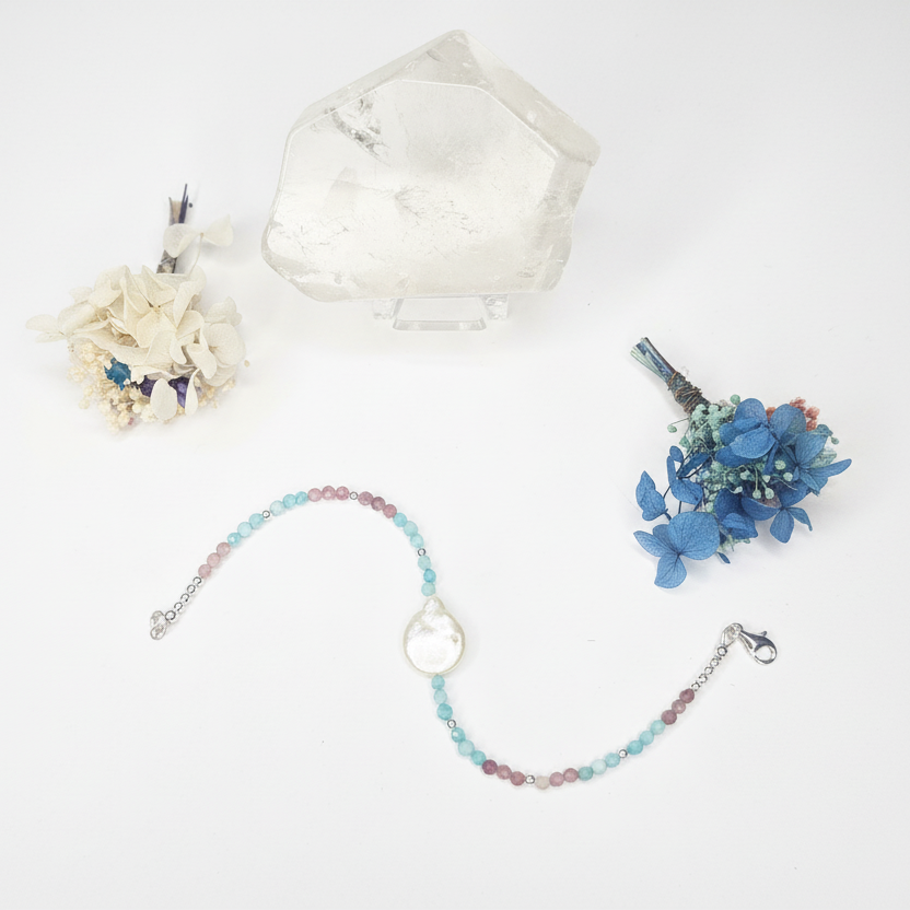 Amazonite, Pink Tourmaline & Freshwater Pearl Bracelet