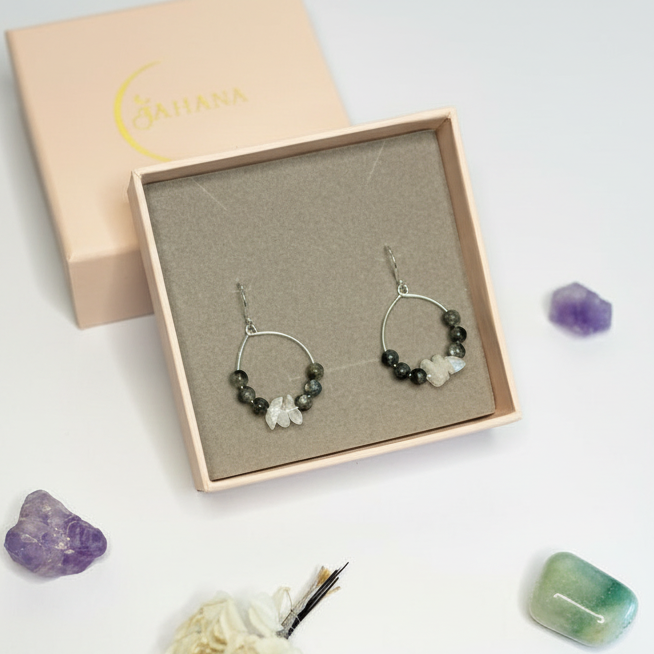 Norwegian Labradorite and Rainbow Moonstone Hoop Earring