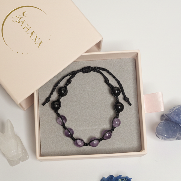 Chevron Amethyst and Black Tourmaline Bracelet Adjustable