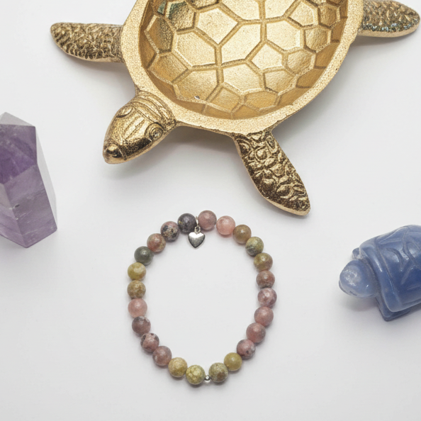 Cherry Blossom Jasper and Russian Serpentine Heart Charm Bracelet