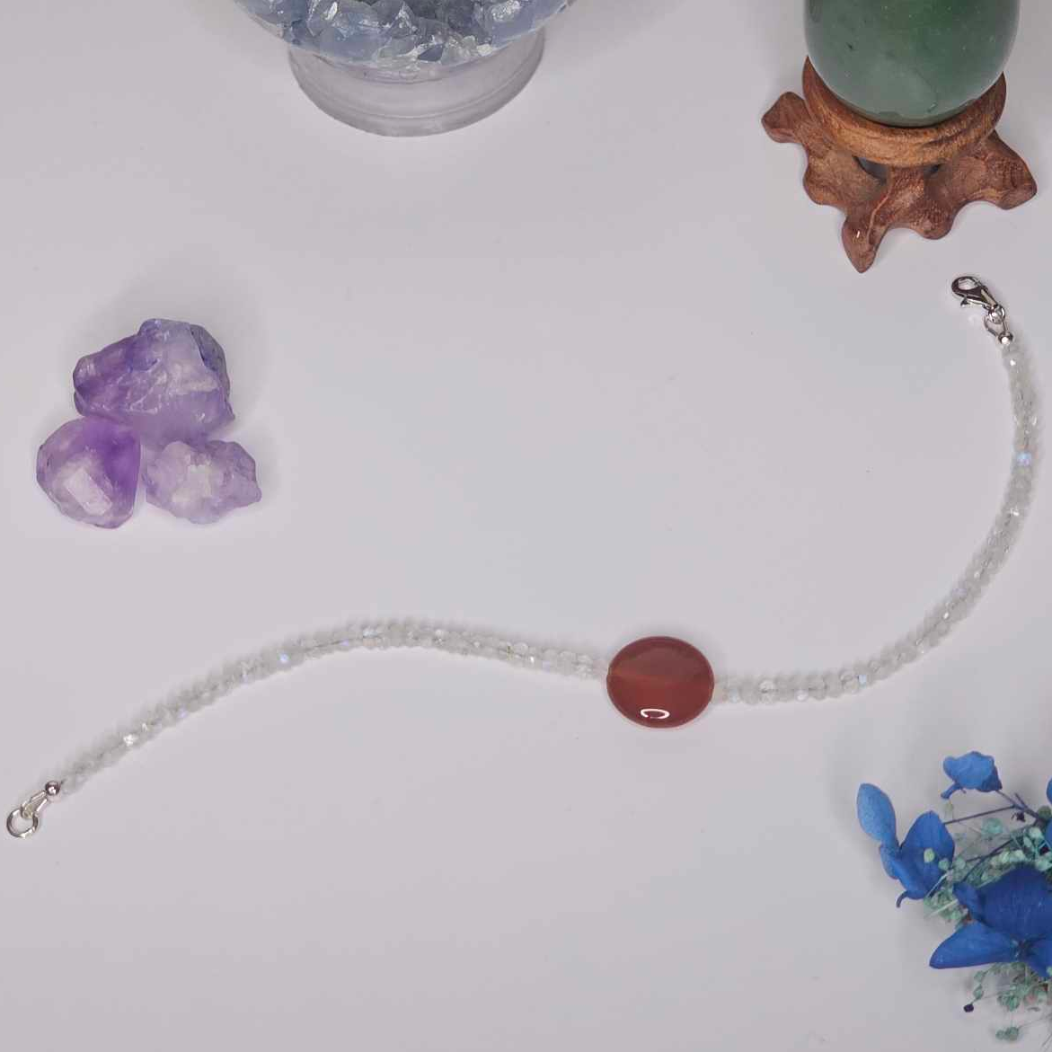 Rainbow Moonstone and Red Carnelian Anklet
