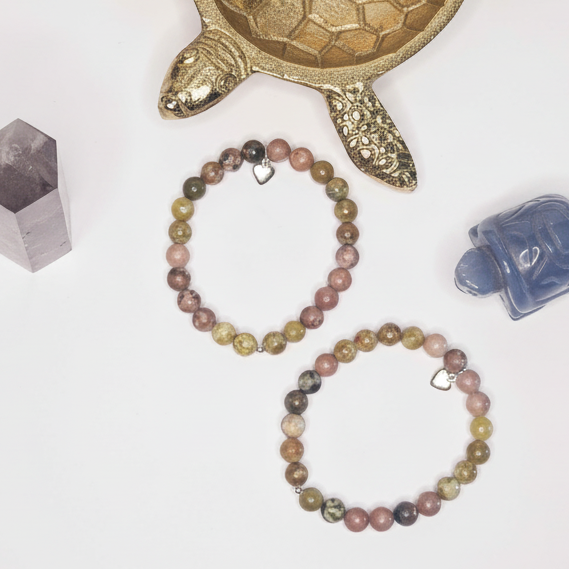 Cherry Blossom Jasper and Russian Serpentine Heart Charm Bracelet