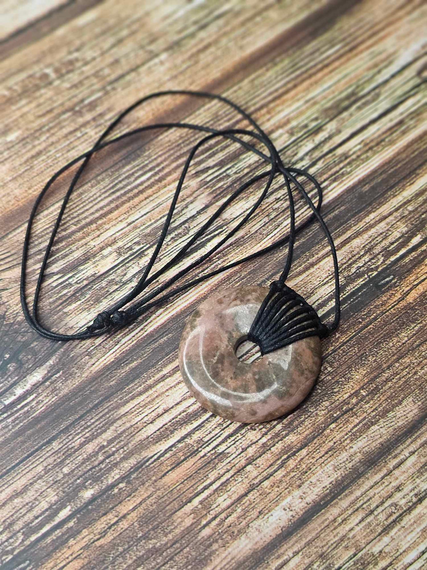 Rhodonite Donut Adjustable Wrapped Necklace