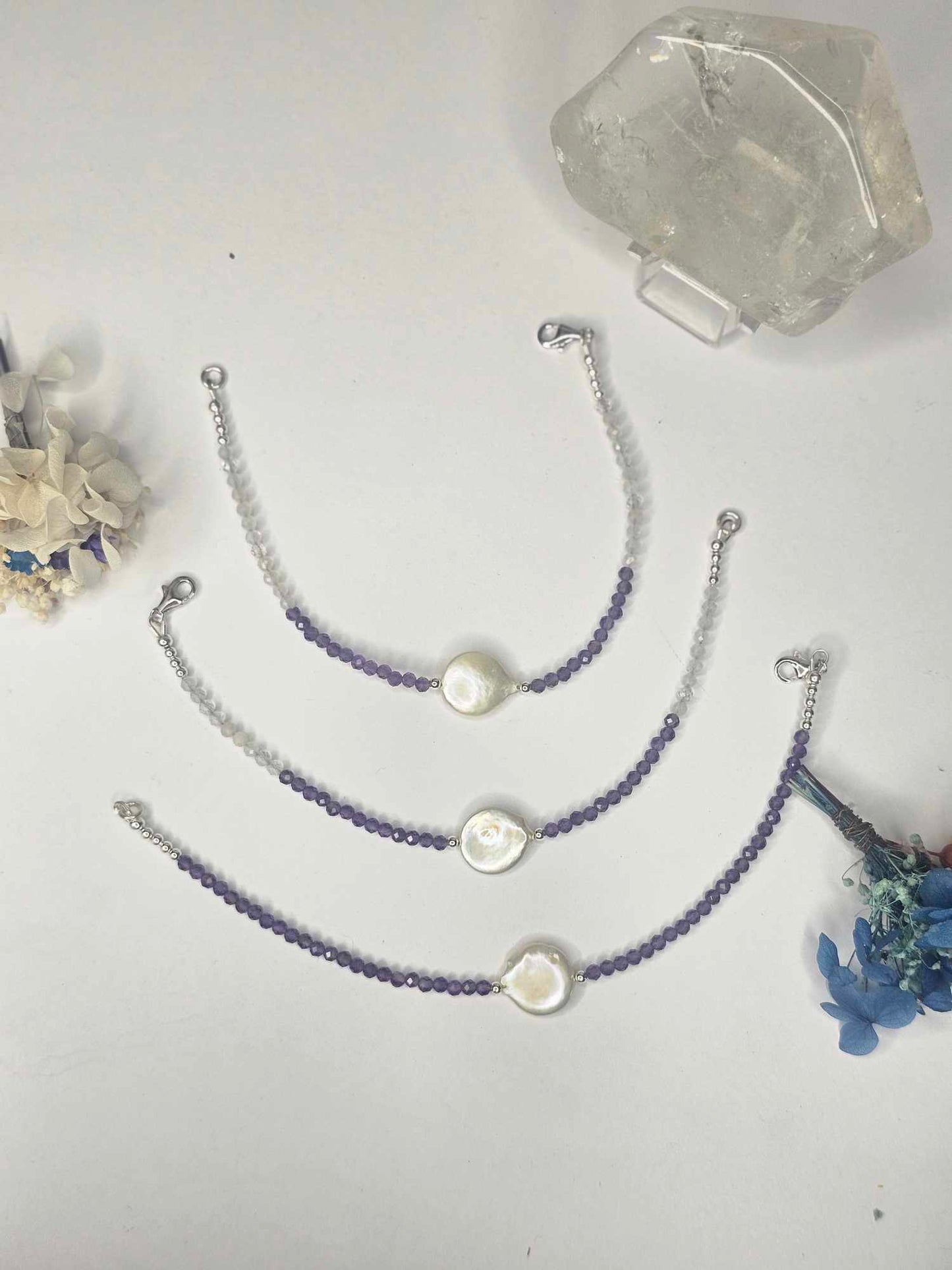 Clear Quartz, Amethyst with Freshwater Pearl Bracelet