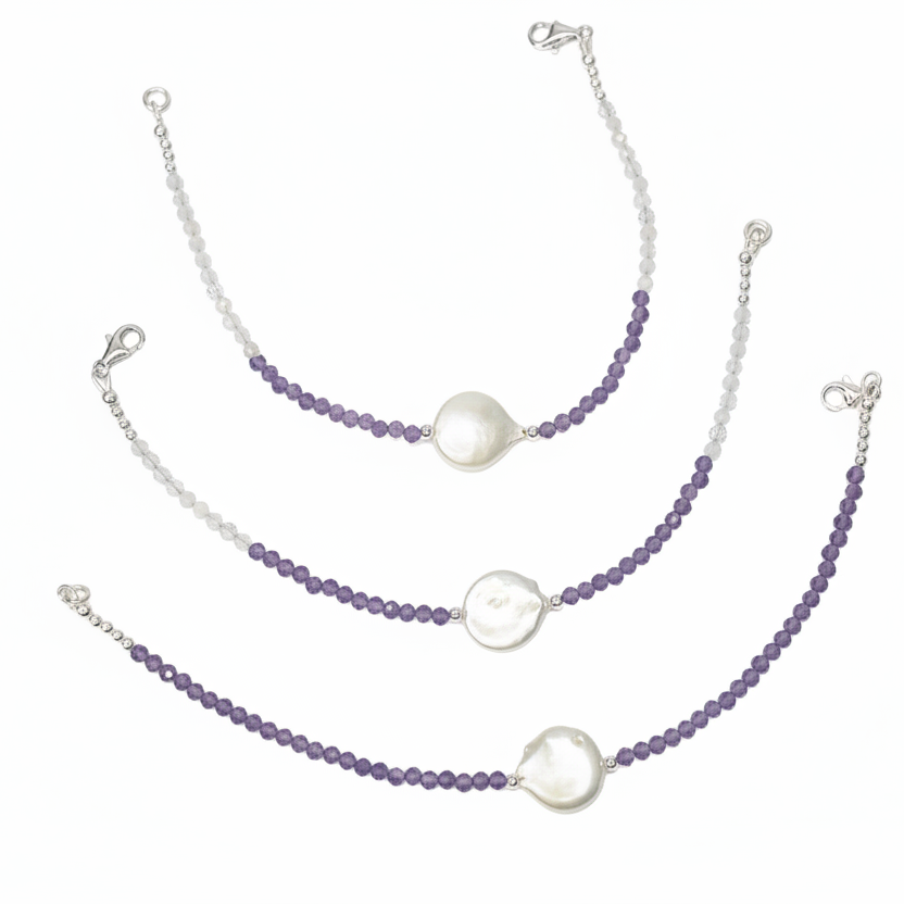 Clear Quartz, Amethyst & Freshwater Pearl Bracelet