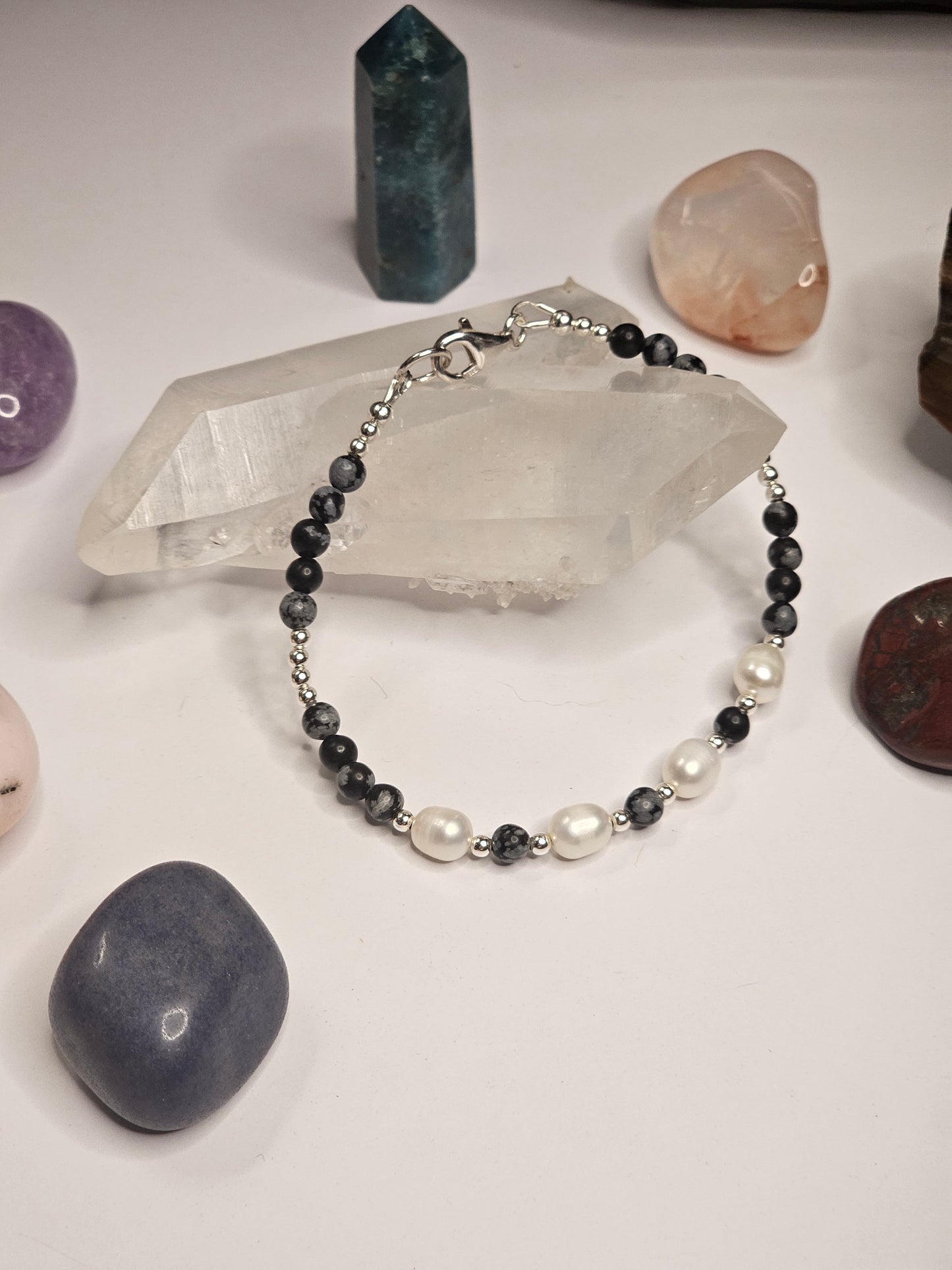 Snowflake Obsidian & Freshwater Pearl Bracelet