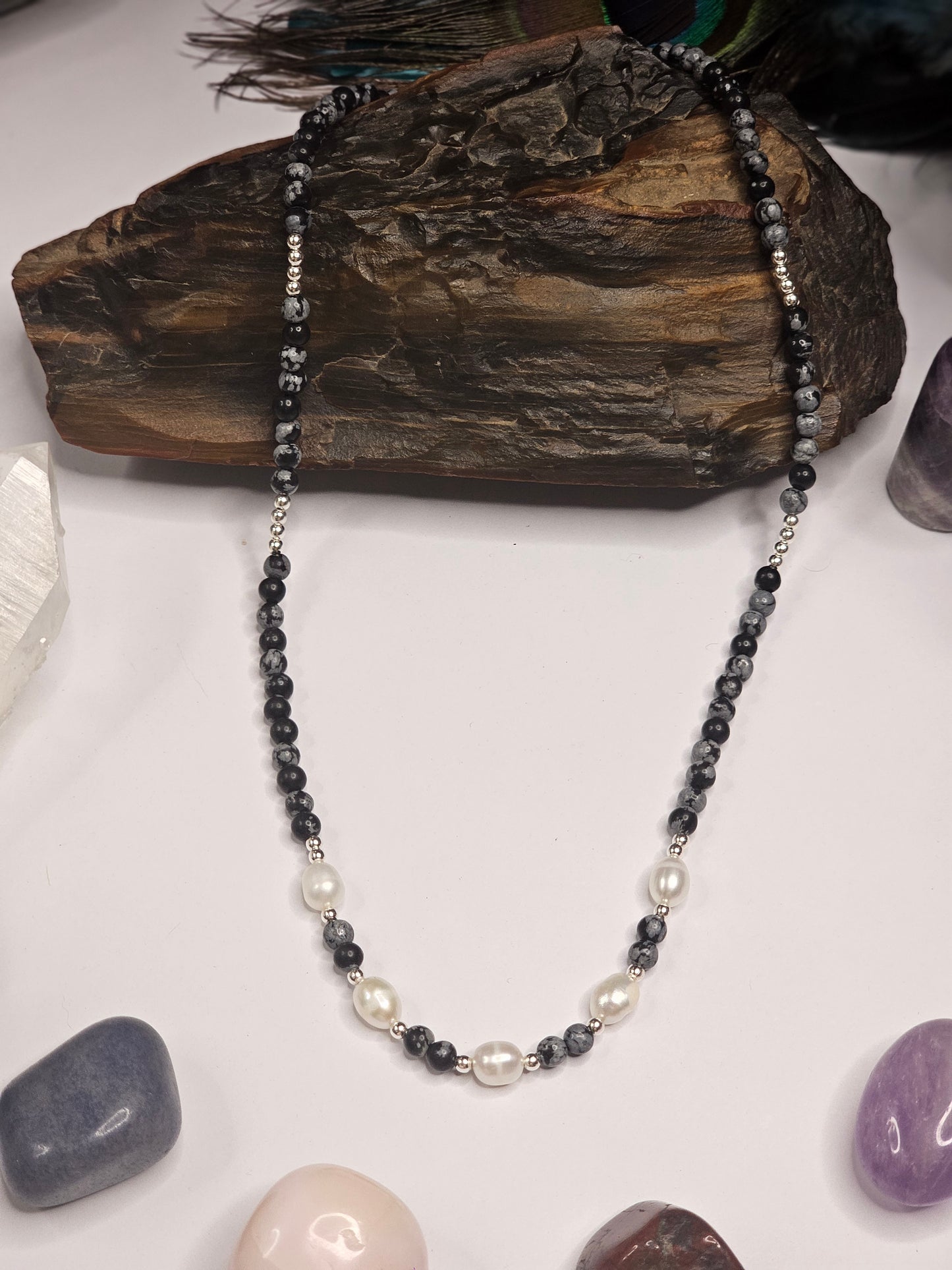 Snowflake Obsidian & Freshwater Pearl Necklace