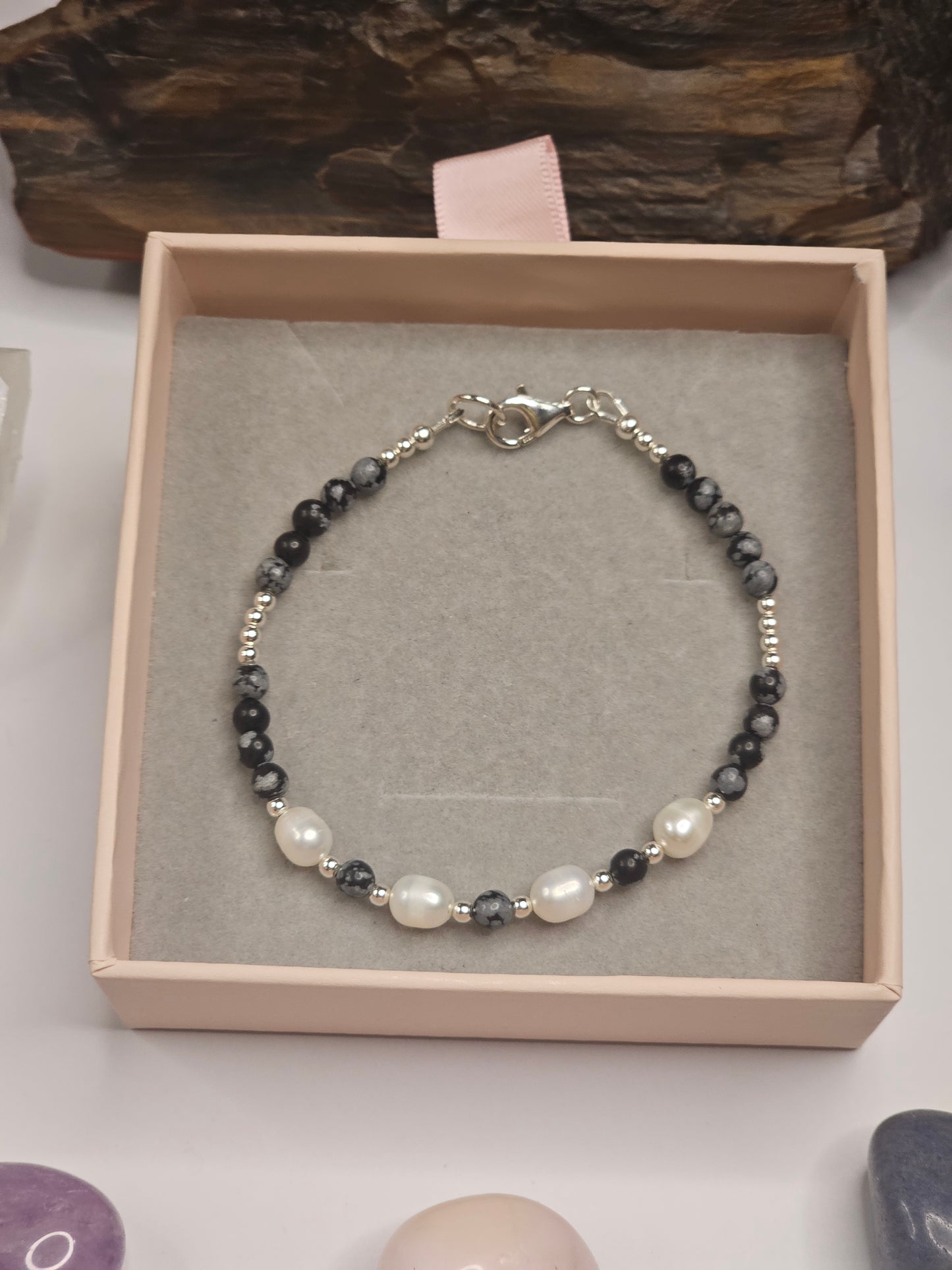 Snowflake Obsidian & Freshwater Pearl Bracelet