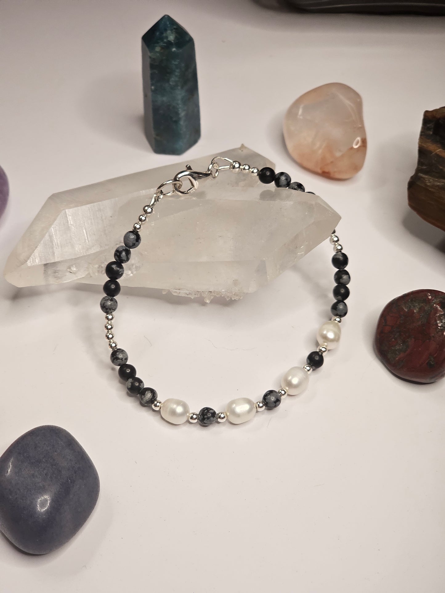 Snowflake Obsidian & Freshwater Pearl Bracelet