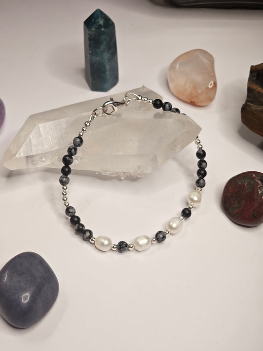 Snowflake Obsidian & Freshwater Pearl Bracelet