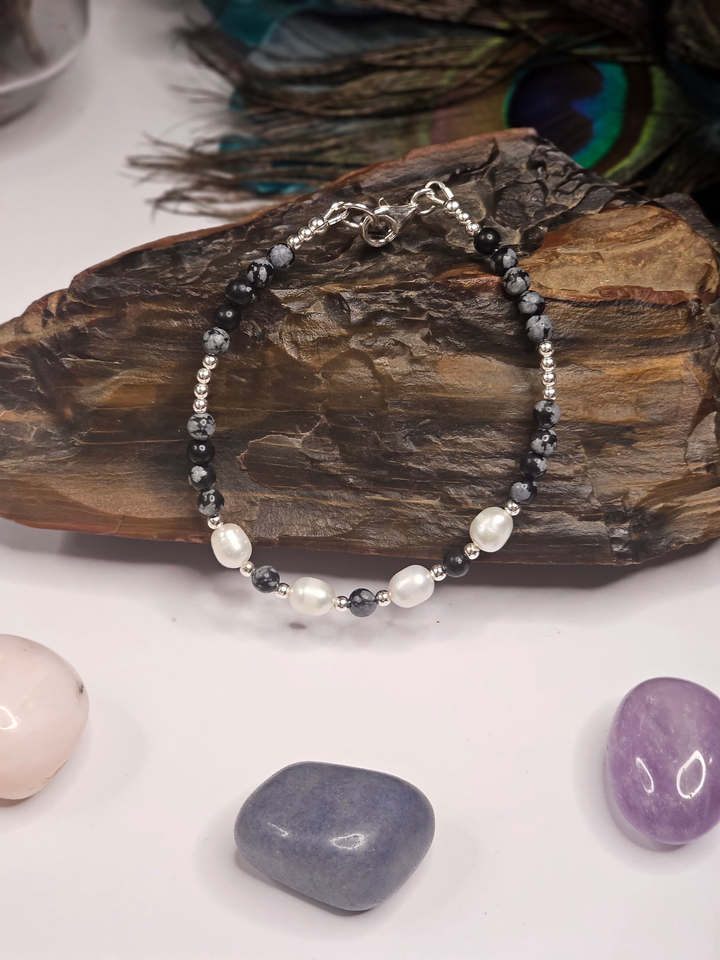 Snowflake Obsidian & Freshwater Pearl Bracelet
