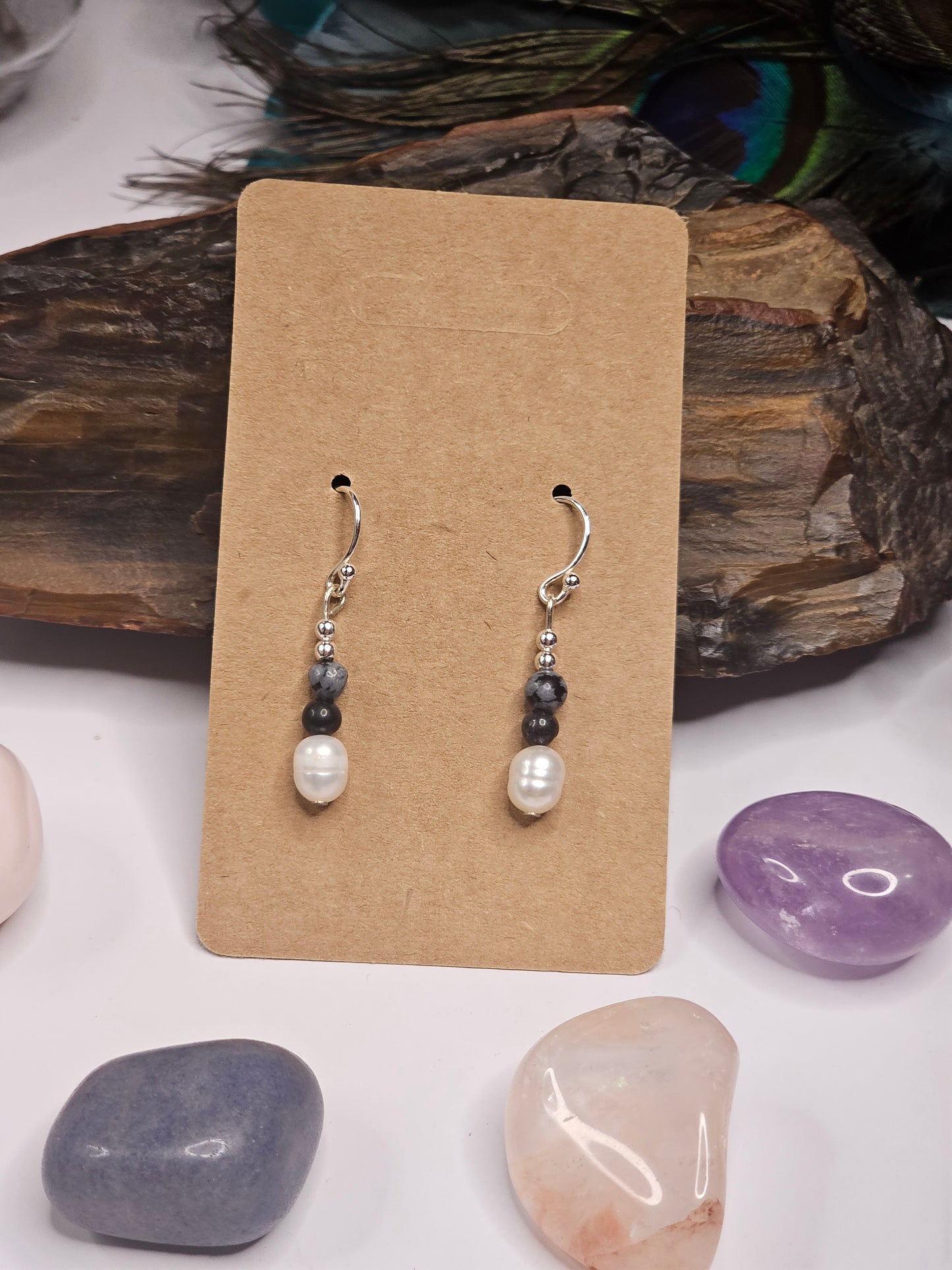 Snowflake Obsidian & Freshwater Pearl Earrings
