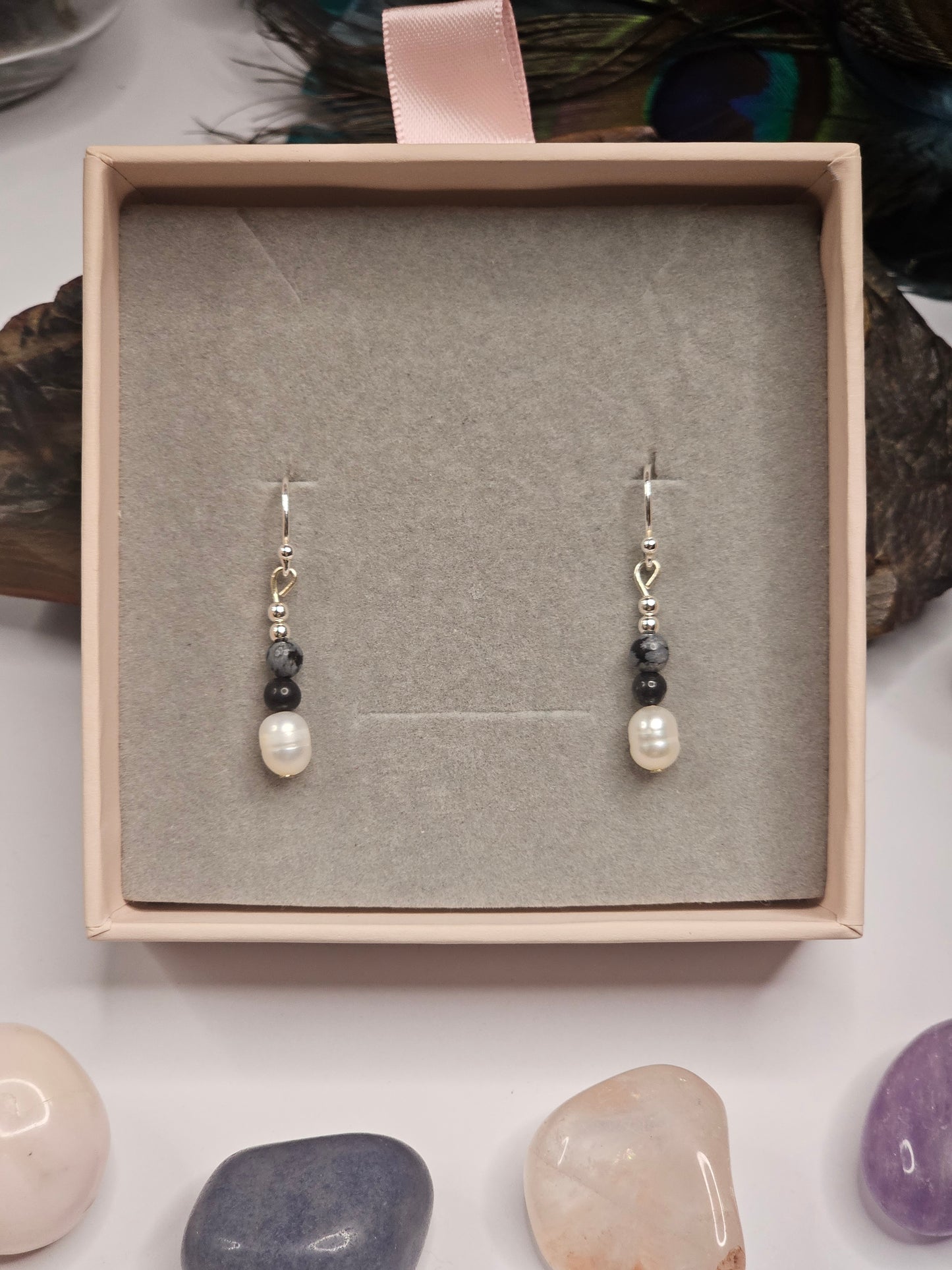Snowflake Obsidian & Freshwater Pearl Earrings