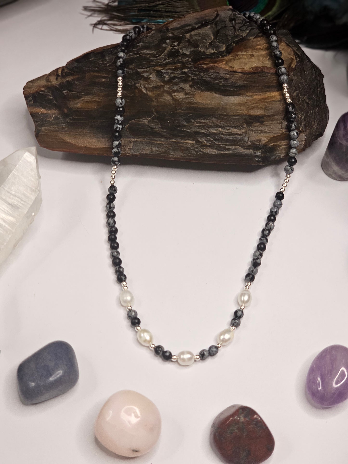 Snowflake Obsidian & Freshwater Pearl Necklace