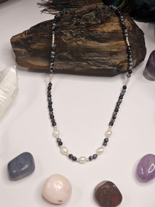 Snowflake Obsidian & Freshwater Pearl Necklace