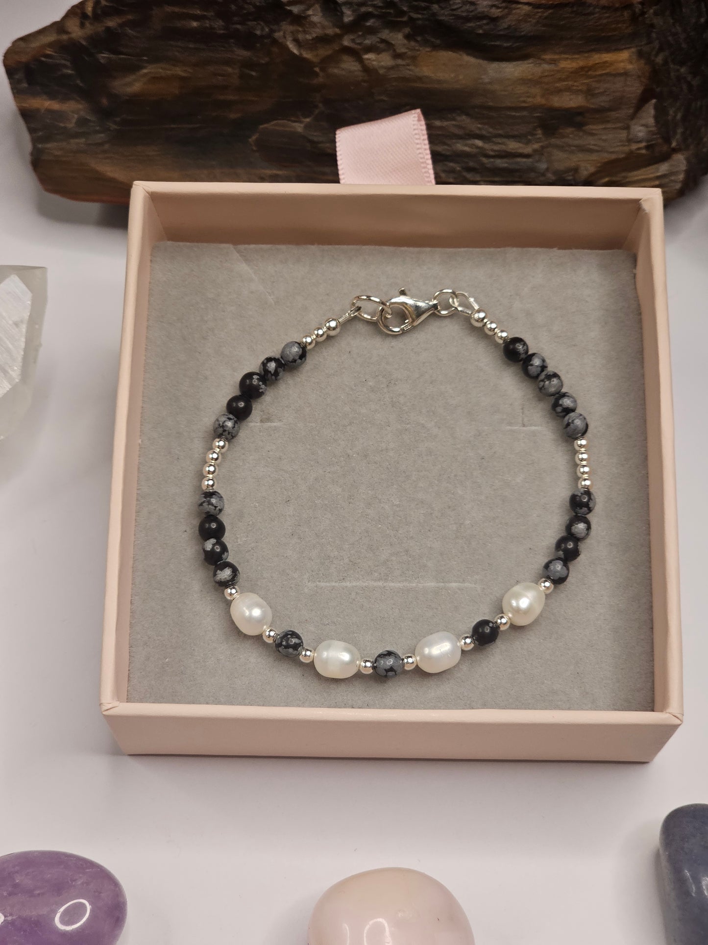 Snowflake Obsidian & Freshwater Pearl Bracelet