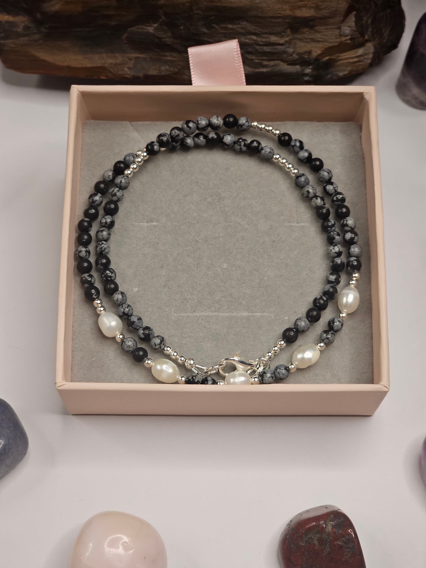 Snowflake Obsidian & Freshwater Pearl Necklace