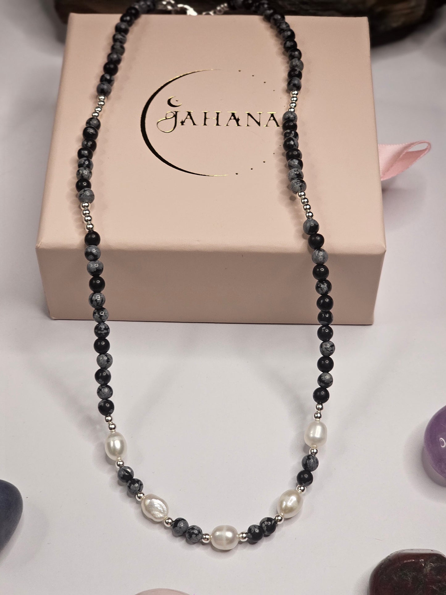 Snowflake Obsidian & Freshwater Pearl Necklace