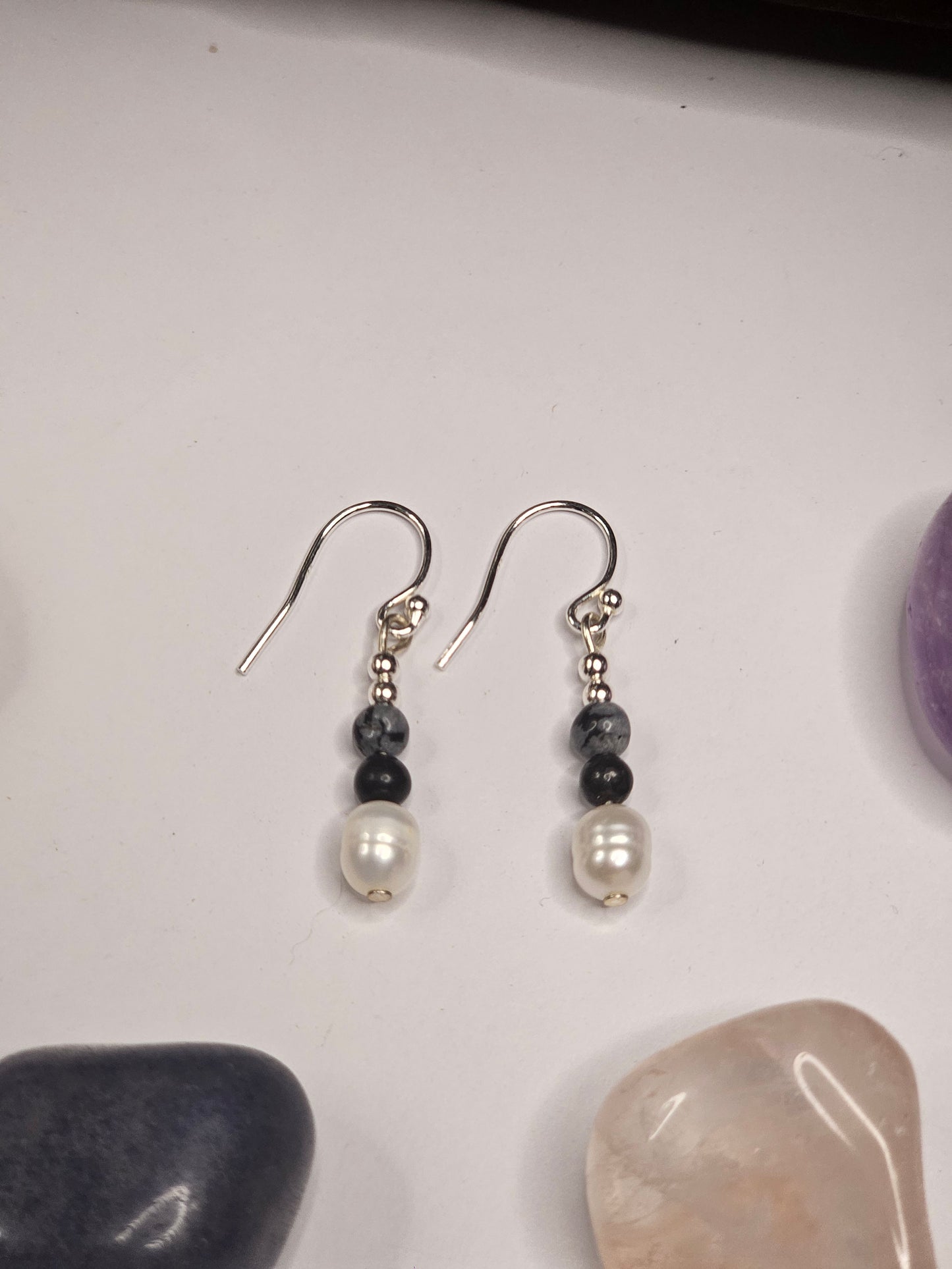 Snowflake Obsidian & Freshwater Pearl Earrings